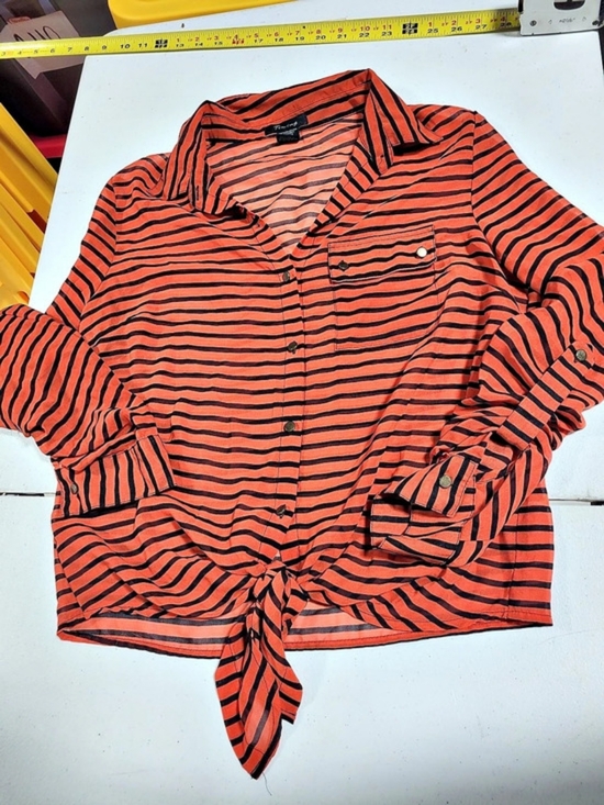 Timing Tops - Timing Striped Tie-Front Button Down in Orange & Black